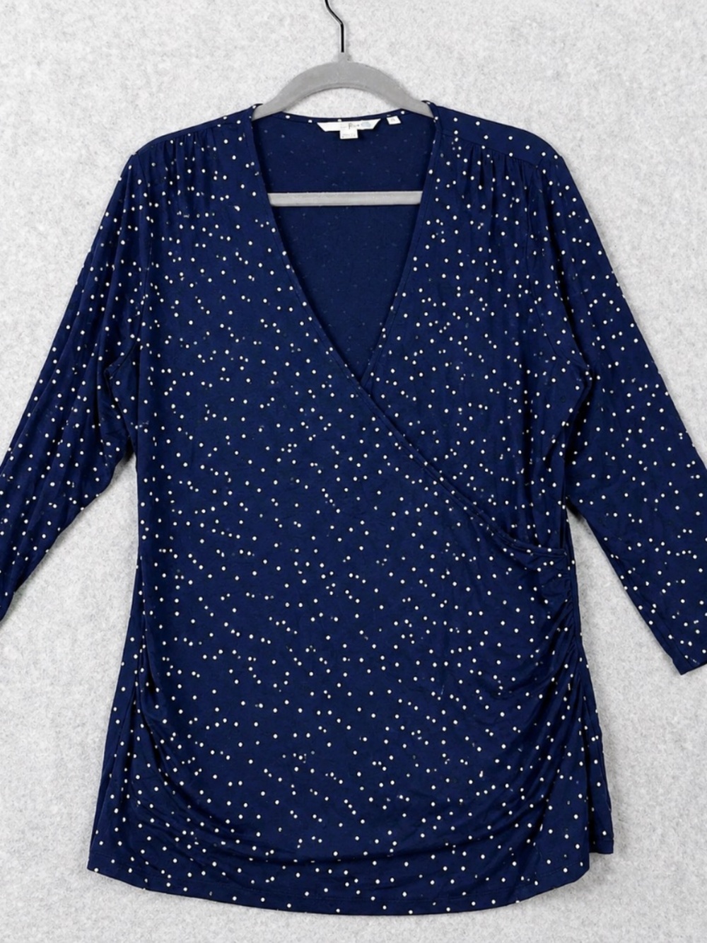 Boden Faux Wrap Jersey Top Womens 16R Blue White Polka Dot Ruched Stretch